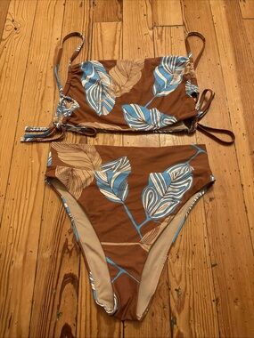 Aerie  High Cut Cheeky Bikini Bottom Size Large Brown And Blue